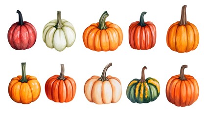Watercolor hand-drawn pumpkin clipart, Halloween pumpkin collection, white background