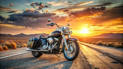 Naklejka premium Vintage-style custom motorcycle with sleek chrome pipes, black leather saddle, and gleaming engine parked on a rugged, sun-drenched desert highway shoulder at sunset.