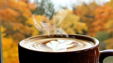 Steaming cup of coffee with autumn background, warm and cozy vibes