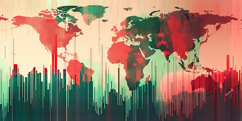Fototapeta premium An area chart of global trade volume, with each continent's share represented by different shades of red and green.