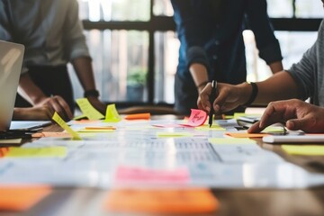 Close-up of a collaborative work environment with hands writing on sticky notes and documents spread across the table, symbolizing brainstorming and creativity.