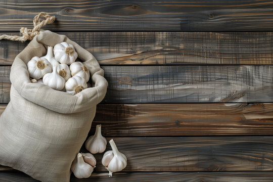 Sack of garlic on wooden background.