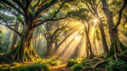 Vibrant sunlight filters through dense foliage of tall trees, illuminating the misty atmosphere of an ancient Indian forest, with rustic vines and twisted trunks abound.