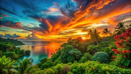 Vibrant sunset hues of orange, coral, and turquoise blend with lush green foliage, capturing the serene essence of nature's colorful harmony.