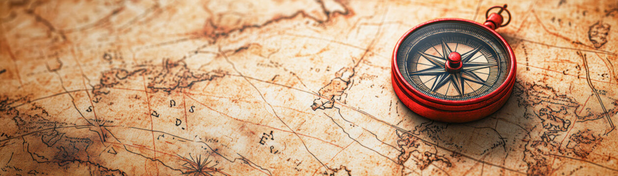 A red compass is on a map