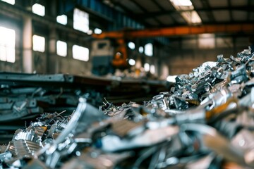 An industrial scene featuring scattered piles of metallic scrap under the high ceiling of a warehouse bathed in warm light.