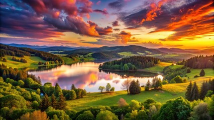 Fototapeta premium Vibrant sunset illuminates a serene tranquil landscape of rolling hills, verdant forests, and sparkling lake, awash in warm hues of orange, pink, and purple.
