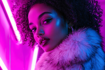 Fototapeta premium African american woman in stylish fur coat looking at camera while standing under violet neon stripes.