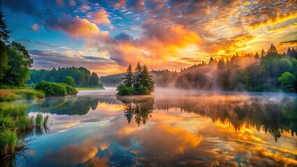 Vibrant swirled mist rises above a tranquil lake, surrounded by lush greenery, amidst a kaleidoscope of warm sunset hues, evoking serenity and natural wonder.