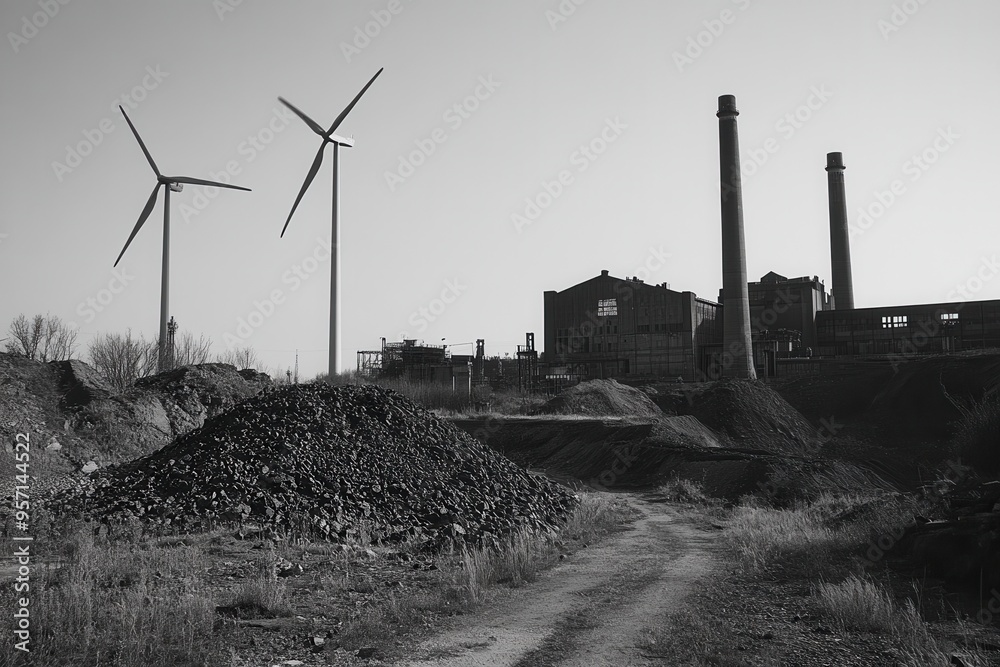 Leinwandbilder wind turbines stand tall next to abandoned coal mines and factories, highlighting the shift from fos