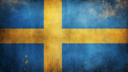 Fototapeta premium Textured flag of Sweden in grunge style with a golden cross on a blue background. The flag appears aged and worn, with rough texture and faded colors