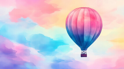 Fototapeta premium A hot air balloon drifting through a bright watercolor sky, colorful yet soft, representing adventure and freedom in life