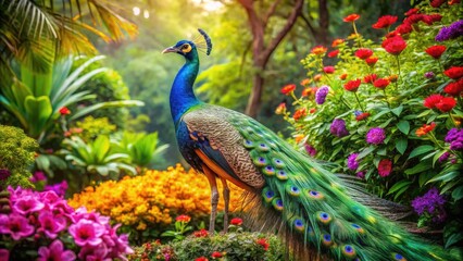 Fototapeta premium Vibrant tropical jungle habitat featuring a majestic male peacock spreads colorful plumage, amidst lush green foliage and vibrant flowers, showcasing nature's splendor.