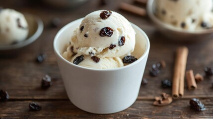 Ice cream decorated with raisin grains