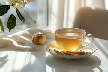 Cup of ginger tea with fresh ginger slices on a white countertop in a cozy kitchen setting. Perfect for wellness, healthy living, or food-related projects.