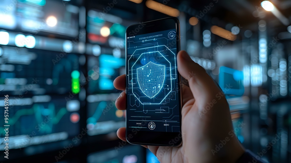 Poster futuristic smartphone interface displaying a shield symbol for cybersecurity, surrounded by digital 