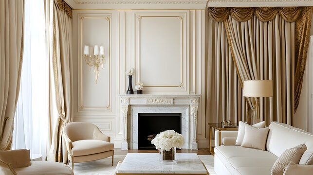Elegant and Refined Classic Living Room with a Marble Fireplace Ornate Drapes and Luxurious Gold Accents Creating a Warm and Inviting Ambiance