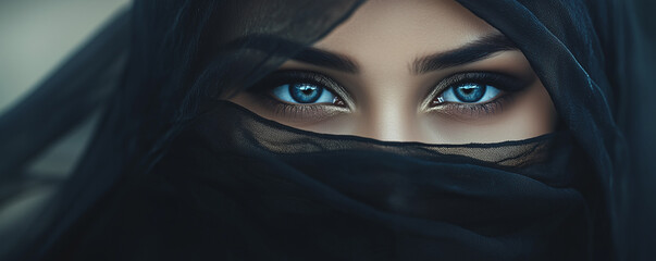 Naklejka premium Stunning mysterious woman with her face covered, only intense eyes visible. Depicts Arabic royalty, queen, princess, or sorceress. Female in Niqab, Burqa, Hijab, Chador, Ghoonghat