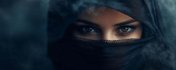 Beautiful woman with face veiled, only her intense eyes visible. Arabic queen, princess, royalty, or sorceress concept. Female in Niqab, Burqa, Hijab, Chador, Ghoonghat