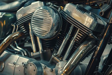 Close-up of a polished motorcycle engine showcasing its chrome and intricate mechanical details...