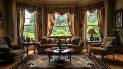 Fototapeta premium Captivating Classic Living Room Design Featuring a Luxurious Bay Window Ornate Curtains and Sophisticated Furnishings Creating a Refined and Inviting Atmosphere