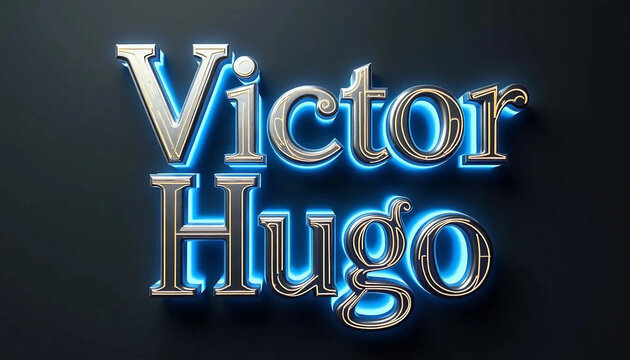 Nome Victor Hugo. Letras 3D. Neon azul. Fundo preto. Nome de pessoas.