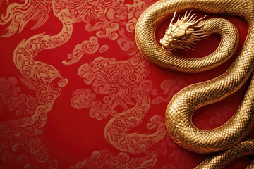 Fototapeta premium A luxurious golden dragon on a vibrant red background, symbolizing power and prosperity in Asian culture.