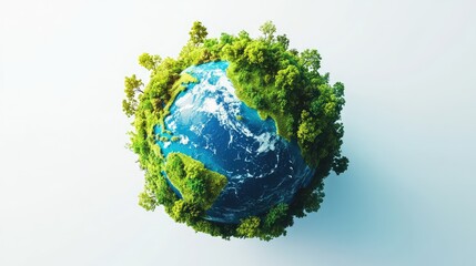 A vibrant 3D Earth with green landscapes and blue oceans, encircled by trees, on a white background, emphasizing natural beauty