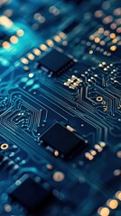 Fototapeta premium Close-up of a circuit board showcasing intricate designs and electronic components for technology-related projects.
