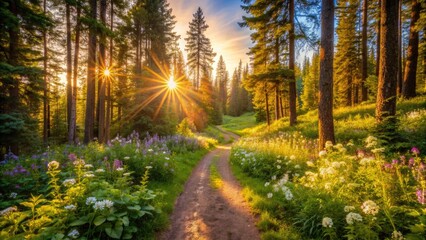 Obraz premium Warm sunlight filters through lush green foliage as a serene forest trail beckons exploration, surrounded by vibrant wildflowers in a idyllic summer setting.