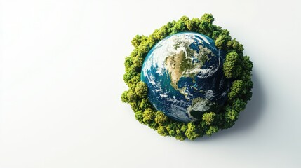 Fototapeta premium A vibrant 3D rendering of the globe, surrounded by trees and greenery, with rich green and blue tones, set on a pure white background