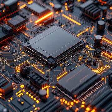 Close-up view of a circuit board showcasing intricate designs and glowing components, ideal for technology and electronics themes.