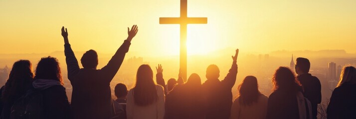 A group of people praying with arms raised in front of a cross, conveying a sense of hope and community, with a sunrise background Generative AI