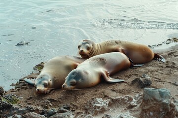 Three sea lions lie contentedly on a sandy beach by the water's edge, exuding warmth and tranquility as they bask in the sunlight.