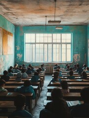 Students sit in an overcrowded classroom filled with old materials, striving for education despite limited resources. Generative AI