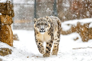 Obraz premium Snow Leopard Walking Through Snow