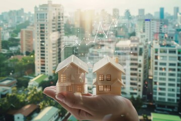 A hand holds two miniature house models over a cityscape background, with digital charts and graphs depicting real estate trends.