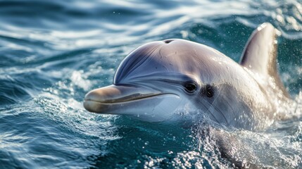 A close-up of a dolphin's face as it surfaces for air, with its intelligent eyes and friendly expression, set against a backdrop of vibrant, azure sea.