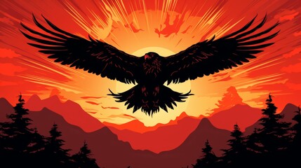 Fototapeta premium Stunning eagle silhouette soaring at sunset above dramatic mountain peaks and colorful sky