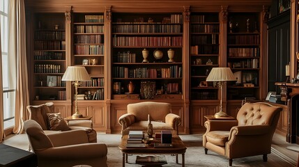 A cozy and elegant classic living room featuring a grand bookcase filled with books plush armchairs and vintage inspired decor elements that create a warm and inviting atmosphere
