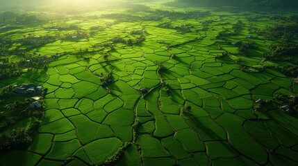 Fototapeta premium Aerial view of lush green rice fields showcasing intricate patterns and textures under the warm sunlight.
