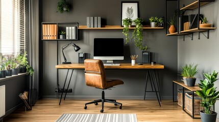 Modern Home Office Design with Gray Walls and Natural Elements