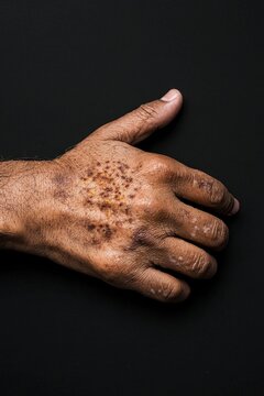 Close-up of a hand with multiple skin lesions, illustrating a case of infectious disease or dermatological condition