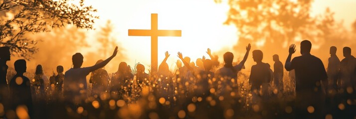A group of people standing in front of a cross, hands raised towards it a sunrise background with soft lighting casting long shadows on their faces Generative AI
