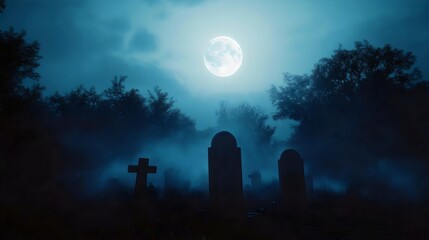 Abandoned Graveyard at Night with Full Moon, Eerie and Spooky Atmosphere, Ideal for Horror, Halloween, and Mystery Themes