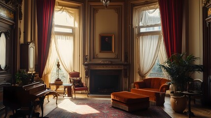 Fototapeta premium Elegant and cozy classic living room with a large window ornate fireplace and luxurious velvet curtains creating a warm and inviting atmosphere for relaxation and entertainment