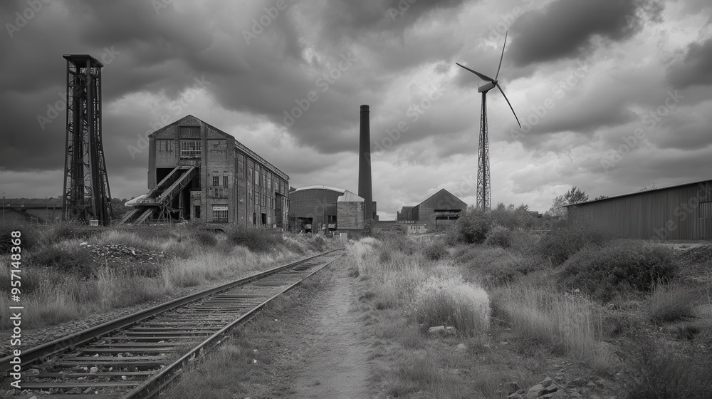 Poster Wind turbines stand tall beside closed coal mines and old factories, marking a shift towards sustainable energy in an industrial area. Generative AI