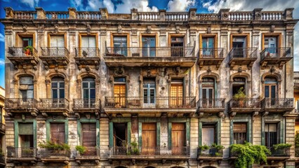 Fototapeta premium Weathered façade of a vintage hotel stands tall, its faded signage, ornate balconies, and worn stonework evoking a sense of nostalgic elegance and forgotten grandeur.