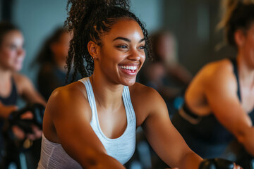 Woman leads an indoor cycling class at a gym. Group workout setting