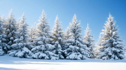 Fototapeta premium Snow-Covered Pine Trees Under Bright Winter Sunlight, Tranquil and Peaceful Winter Landscape with Fresh Snow, Perfect for Christmas and Holiday Backgrounds